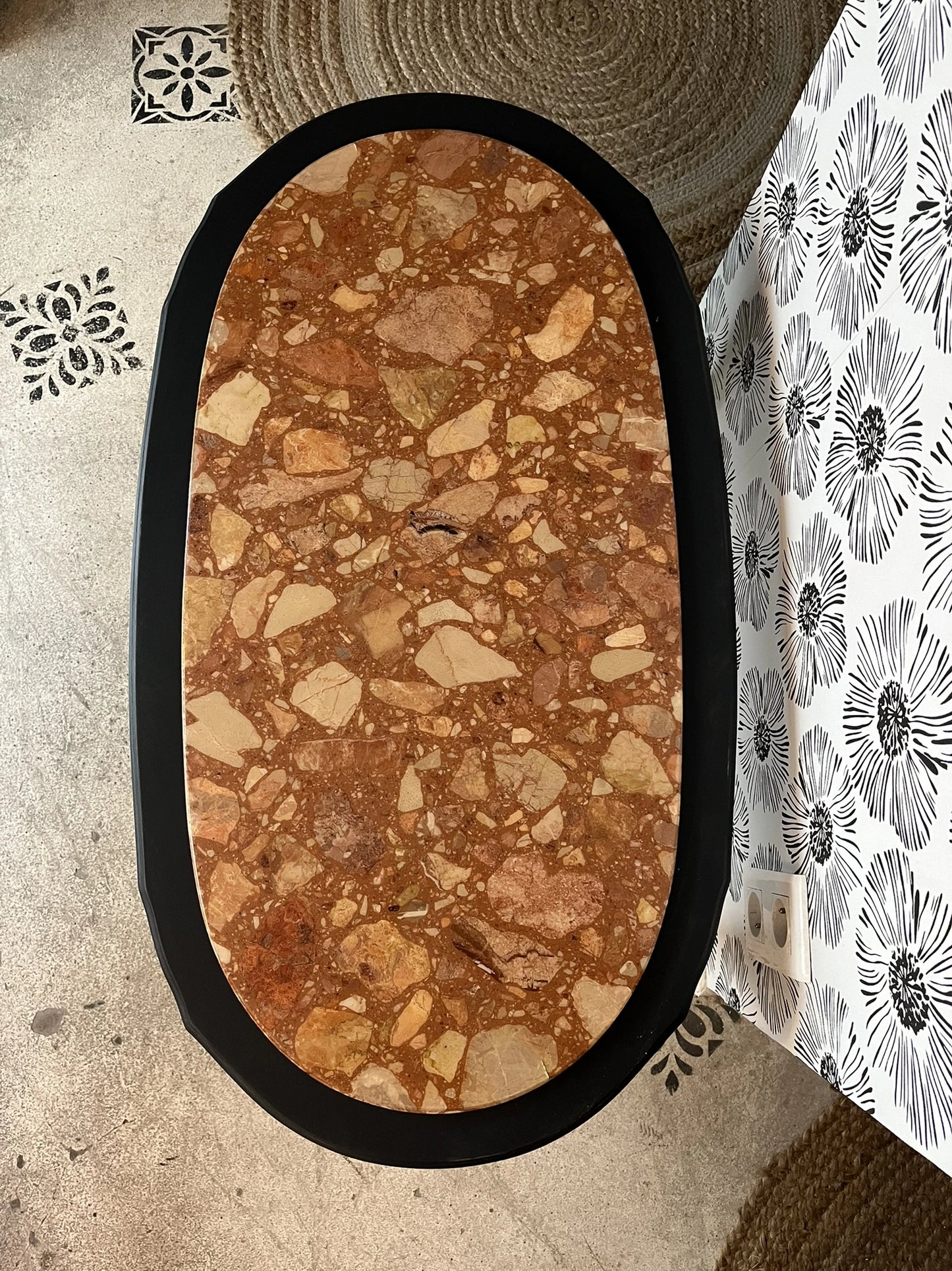 Table basse bois et marbre rose