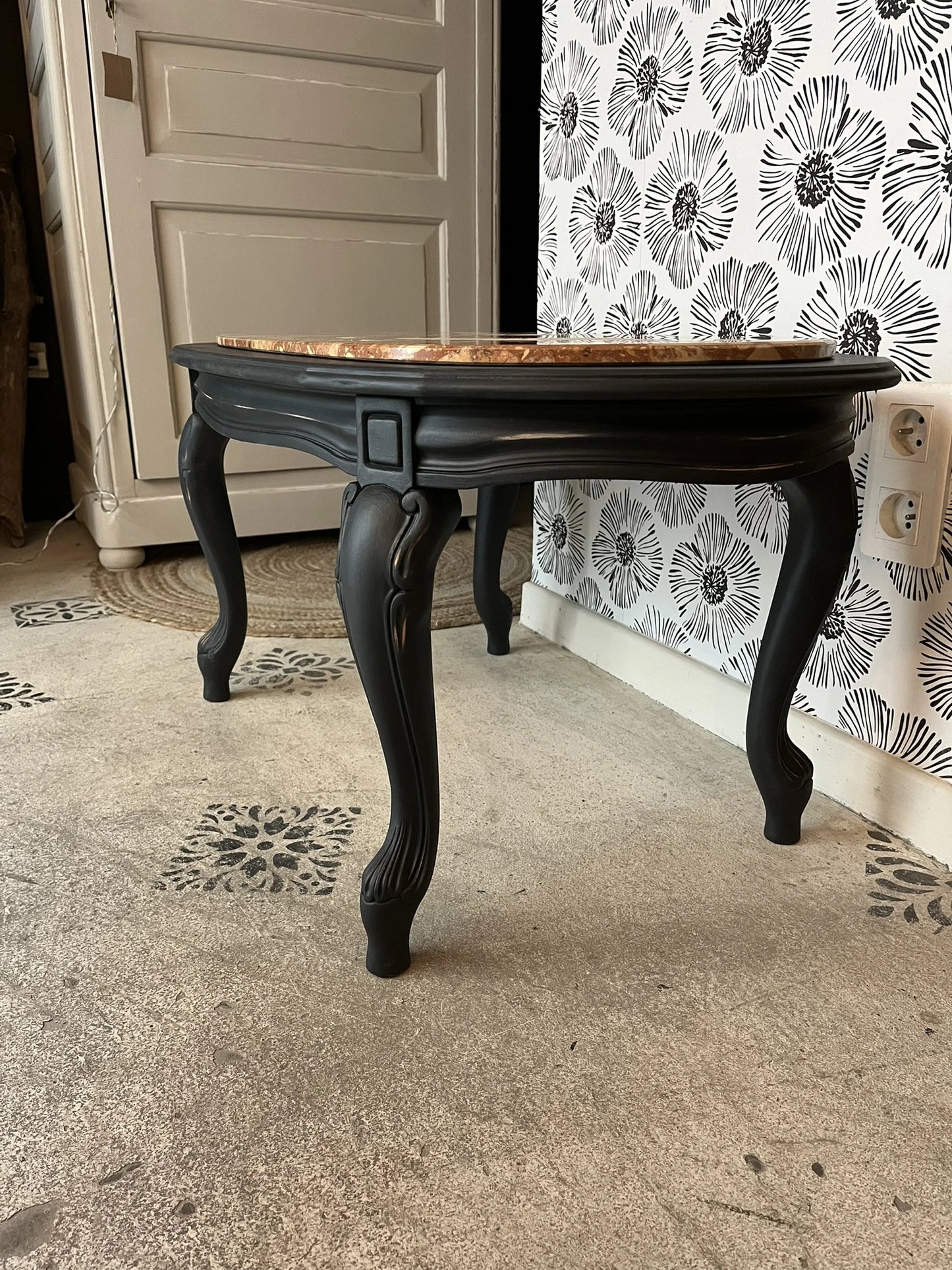 Table basse bois et marbre rose