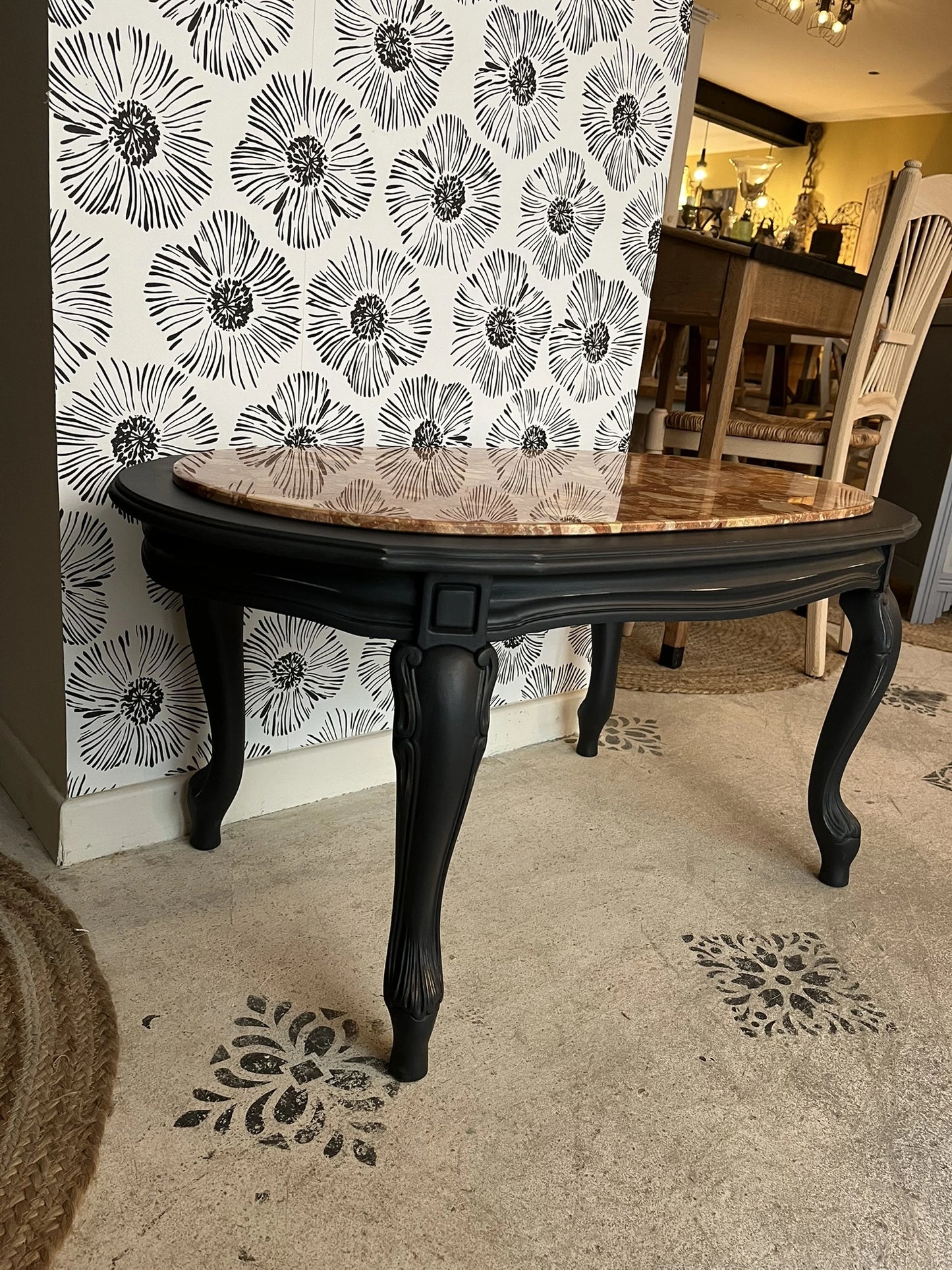 Table basse bois et marbre rose