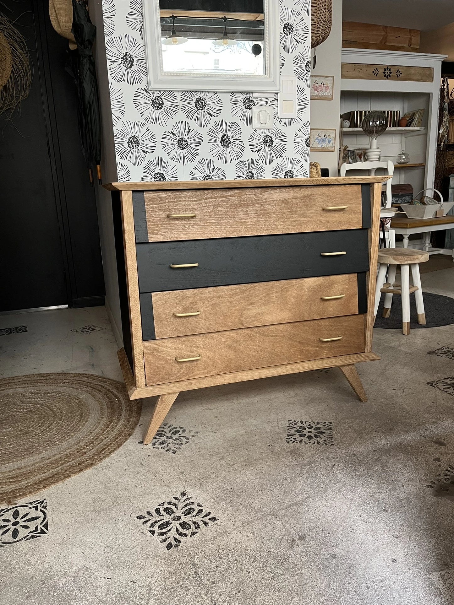 Commode Thélio scandinave bois et noir 4 tiroirs